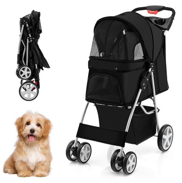 Costway Passeggino per animali domestici a 4 ruote con cestino portaoggetti, Trasportino da viaggio portatile Nero