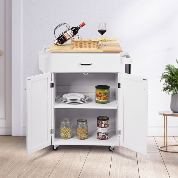 Costway Carrello da cucina con piano solido maniglia per asciugamani cassetto, Isola da cucina per sala da pranzo Bianco