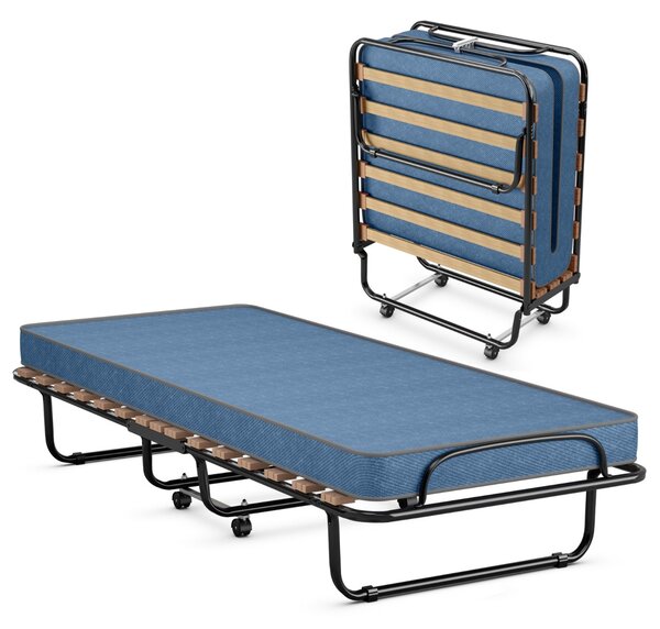 Costway Letto pieghevole con materasso in memory foam spesso, Letto portatile con 4 ruote girevoli 190x80x33cm Blu scuro