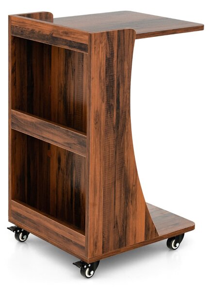Costway Tavolino laterale con rotelle ripiano di stoccaggio a 2 livelli 2 scomparti, Tavolino mobile vintage Marrone