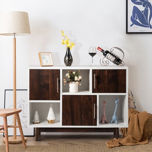 Costway Mobile contenitore con 3 ante 6 scomparti 4 gambe in legno di pino, Tavolo buffet per la casa e l’ufficio Bianco