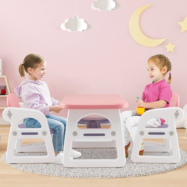 Costway Set di 3 pezzi di tavolo e sedie per bambini, Set di scrivania per attività per lettura disegno Rosa