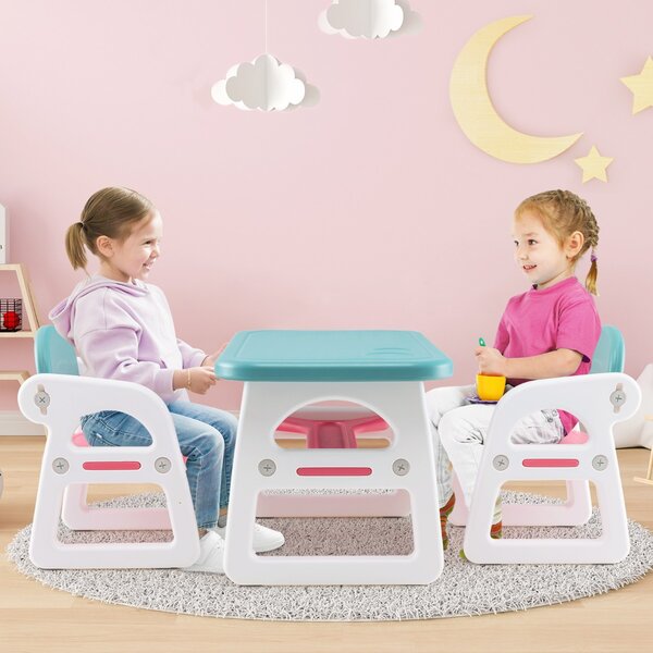 Costway Set di 3 pezzi di tavolo e sedie per bambini, Set di scrivania per attività per lettura disegno Blu