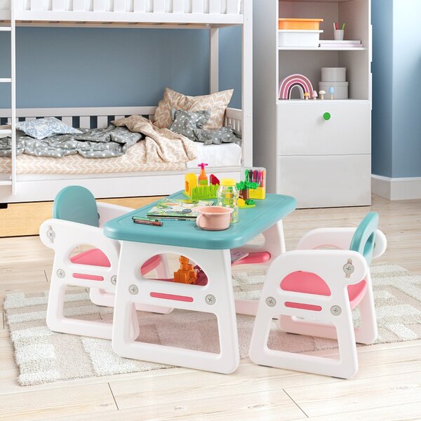Costway Set di tavolo e sedie per bambini con deposito lavagna rimovibile,  Set di mobili 3 PCS per ragazzi e ragazze Grigio