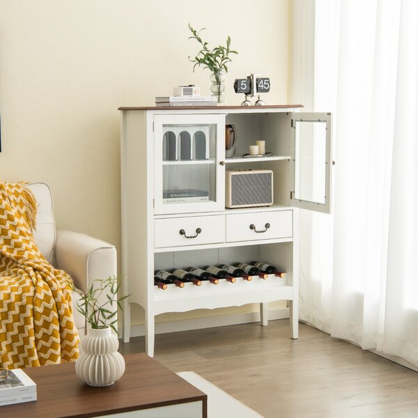 Costway Mobile contenitore indipendente con 2 porte in vetro 2 cassetti, Stazione bar ad angolo per sala da pranzo Bianco