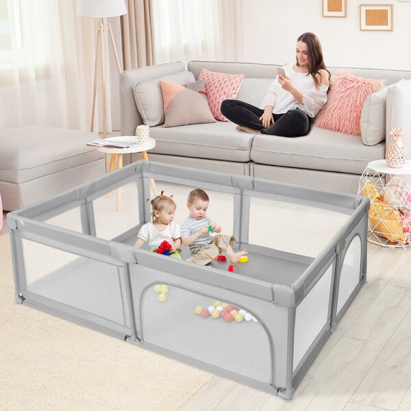 Costway Box per neonati bambini con palline pannelli a rete e cerniera durevole, Centro attività stabile atossico Grigio