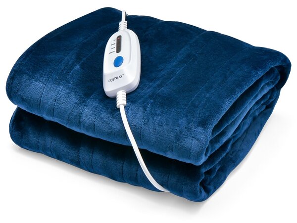 Costway Coperta elettrica riscaldata lavabile 150x200cm, Coperta riscaldata con 4 livelli di riscaldamento Blu scuro