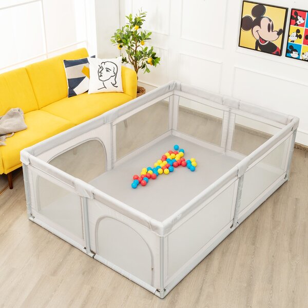Costway Box per neonati bambini con palline pannelli a rete e cerniera durevole, Centro attività stabile atossico Grigio