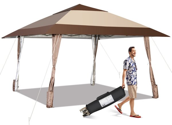 Costway Gazebo da patio 3x3M portatile con ruote e UPF 50+, Tettoia pop-up impermeabile per eventi in cortile Beige