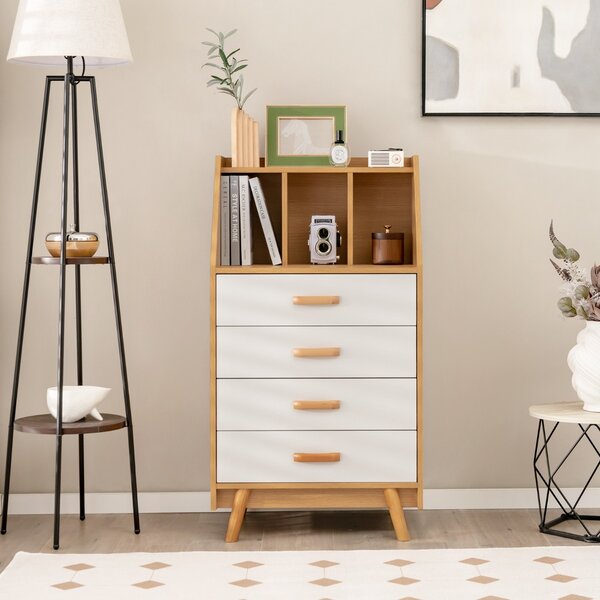 Costway Comò a 4 cassetti in legno con piano d’appoggio, Cassettiera a 3 cubi con 2 kit antiribaltamento Naturale