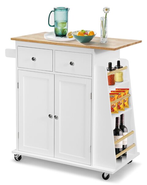Costway Isola da cucina con contenitore su ruote ripiano regolabile 2 cassetti portaspezie, Carello a 2 porte Bianco
