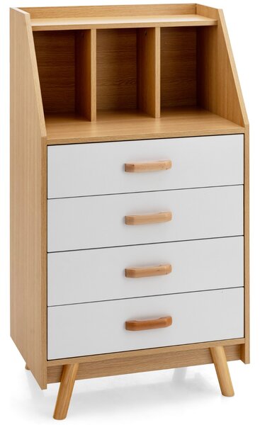 Costway Comò a 4 cassetti in legno con piano d’appoggio, Cassettiera a 3 cubi con 2 kit antiribaltamento Naturale