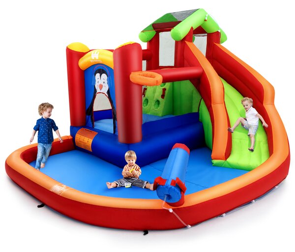 Costway Parco acquatico gonfiabile con piscina e cannone ad acqua, Casa gonfiabile con parete da arrampicata Marrone