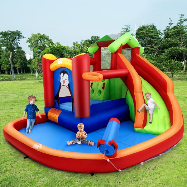 Costway Parco acquatico gonfiabile con piscina e cannone ad acqua, Casa gonfiabile con parete da arrampicata Marrone