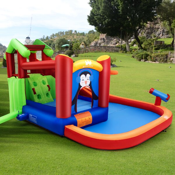 Costway Parco acquatico gonfiabile con piscina e cannone ad acqua, Casa gonfiabile con parete da arrampicata Marrone