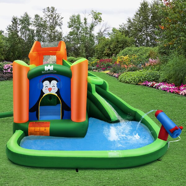 Costway Parco acquatico gonfiabile con piscina e cannone ad acqua, Casa gonfiabile con parete da arrampicata Verde