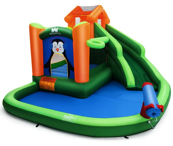 Costway Parco acquatico gonfiabile con piscina e cannone ad acqua, Casa gonfiabile con parete da arrampicata Verde