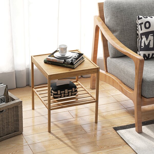 Costway Set di 2 comodini a 2 livelli in bambù, Tavolino quadrato con ripiano inferiore per divano e letto Naturale
