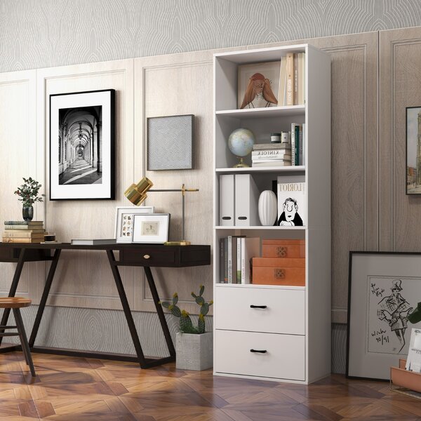Costway Libreria moderna a 6 piani con 4 ripiani aperti 2 cassetti, Mobile organizzatore di stoccaggio Bianco