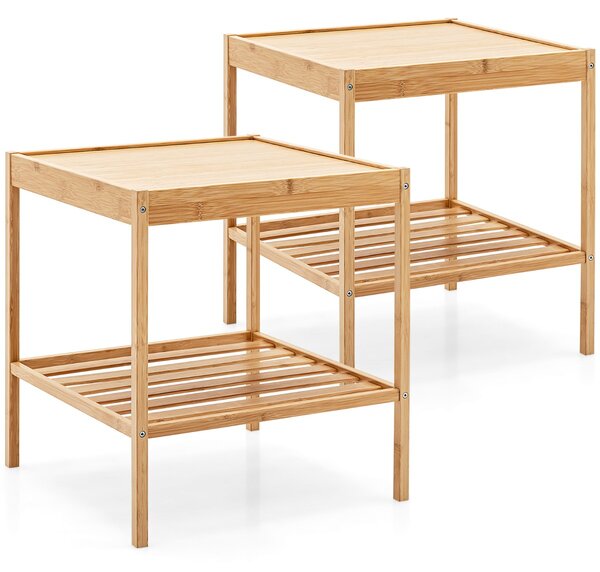 Costway Set di 2 comodini a 2 livelli in bambù, Tavolino quadrato con ripiano inferiore per divano e letto Naturale
