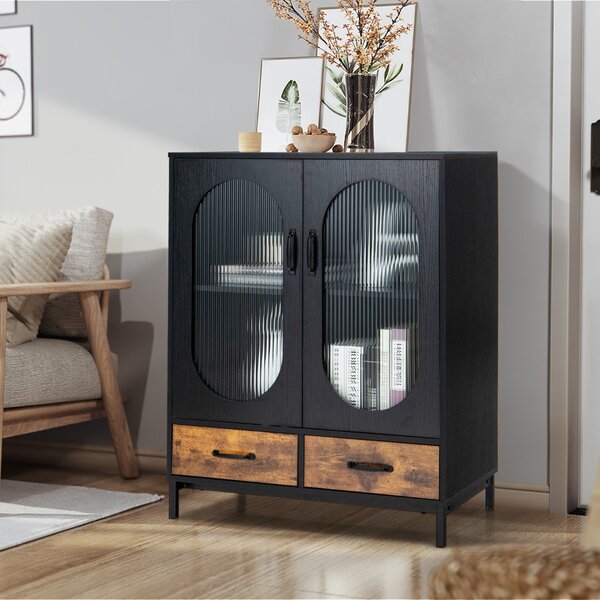 Costway Credenza a buffet con ante in vetro temprato 2 cassetti estraibili,  Mobile bar da pavimento a 2 livelli Nero