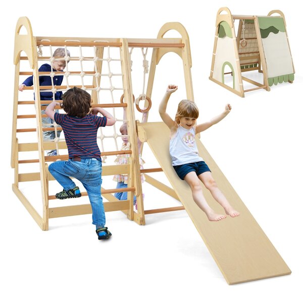 Costway Set di giocattoli da arrampicata in legno con scivolo anelli da ginnastica, Parco giochi per bambini Naturale