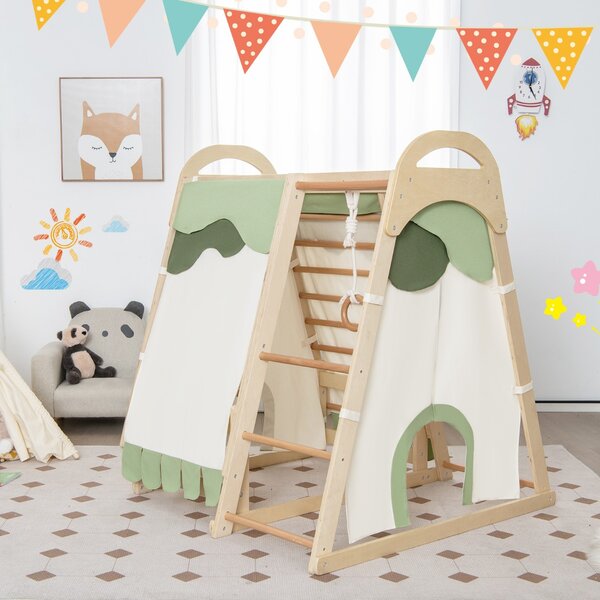 Costway Set di giocattoli da arrampicata in legno con scivolo anelli da ginnastica, Parco giochi per bambini Naturale