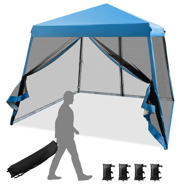 Costway Tenda pieghevole con gambe inclinate e pareti laterali in rete borsa a rullo, Gazebo regolabile in altezza Blu