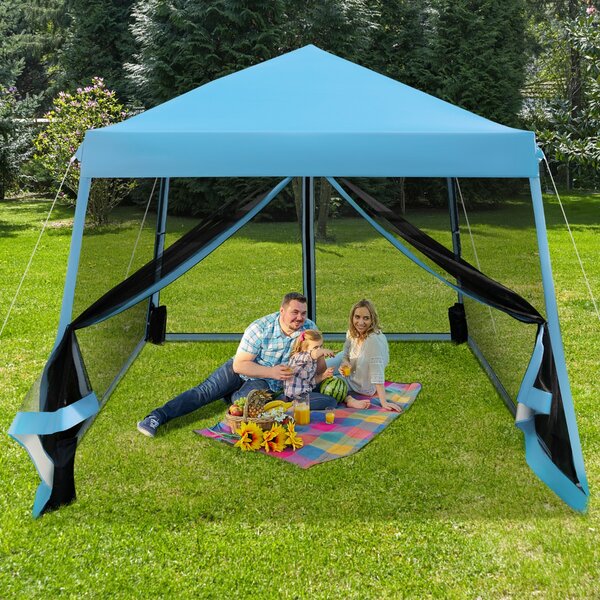 Costway Tenda pieghevole con gambe inclinate e pareti laterali in rete borsa a rullo, Gazebo regolabile in altezza Blu