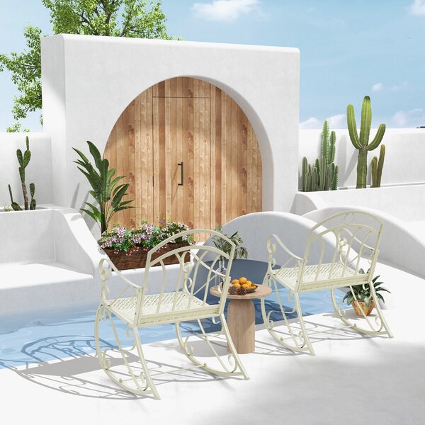 Costway Sedia a dondolo da patio con schienale braccioli ergonomici struttura in metallo, Sedia dondolo elegante Beige