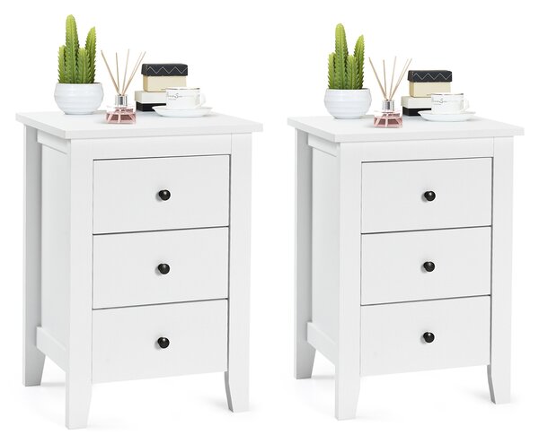 Costway Set di 2 comodini con 3 cassetti per camera da letto, Cassettiera moderna vicino al letto Bianco