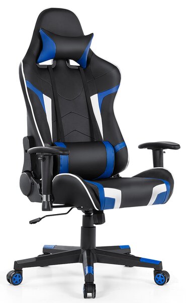 Costway Sedia da gaming con supporto lombare poggiatesta braccioli regolabili, Sedia reclinabile da ufficio Blu
