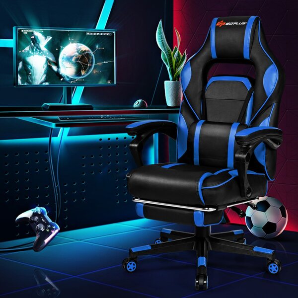 Costway Sedia da gioco con schienale regolabile poggiapiedi retrattile, Sedia ergonomica per computer da ufficio Blu