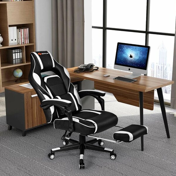 Costway Sedia da gioco con schienale regolabile poggiapiedi retrattile, Sedia ergonomica per computer da ufficio Bianco