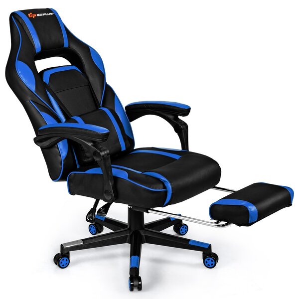 Costway Sedia da gioco con schienale regolabile poggiapiedi retrattile, Sedia ergonomica per computer da ufficio Blu