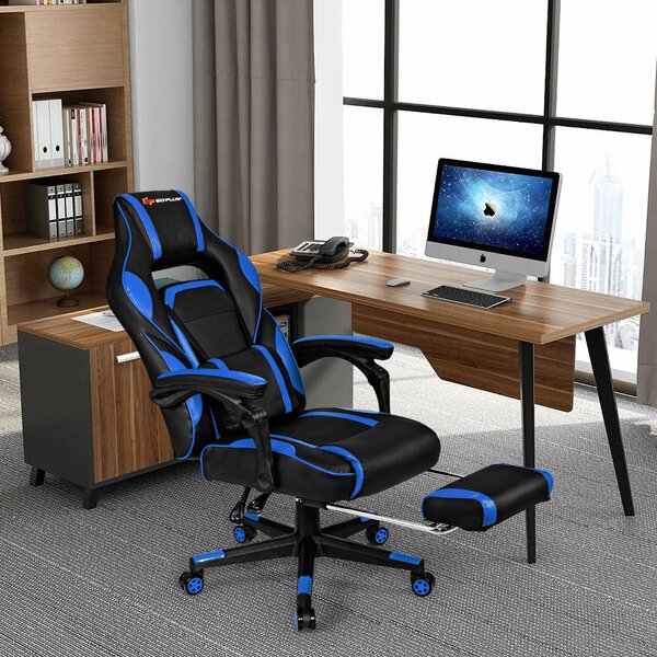 Costway Sedia da gioco con schienale regolabile poggiapiedi retrattile, Sedia ergonomica per computer da ufficio Blu