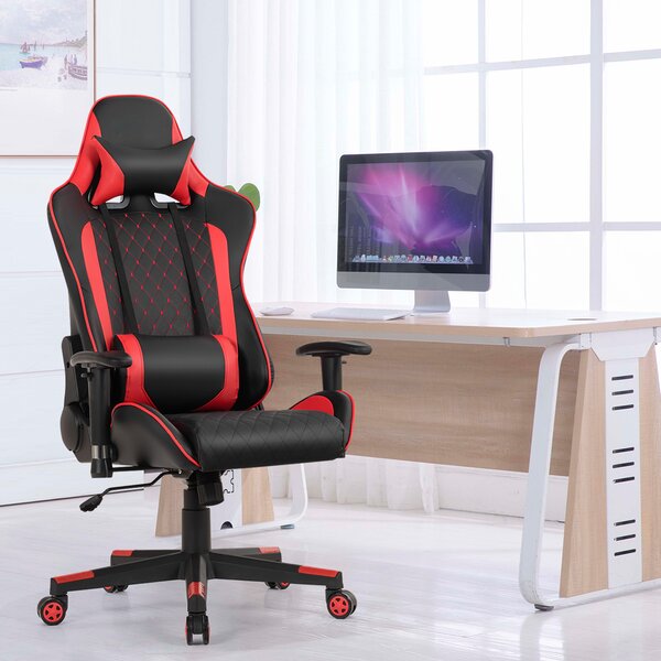 Costway Sedia da gioco ergonomica con schienale e bracciolo regolabili supporto lombare, Sedia da gaming girevole Rosso