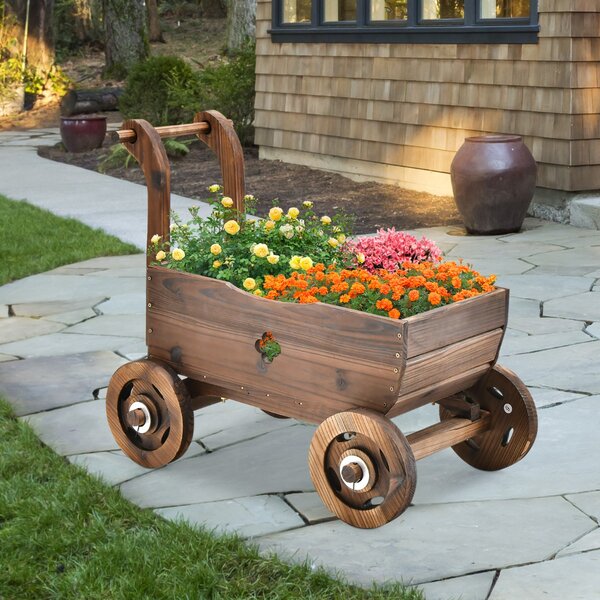 Costway Carrello fioriera in legno con ruote maniglia foro di drenaggio, Fioriera a forma di carretto decorativa Marrone