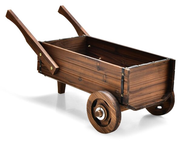 Costway Carrello fioriera con ruote maniglie foro di drenaggio, Fioriera a forma di carretto per interno esterno Marrone