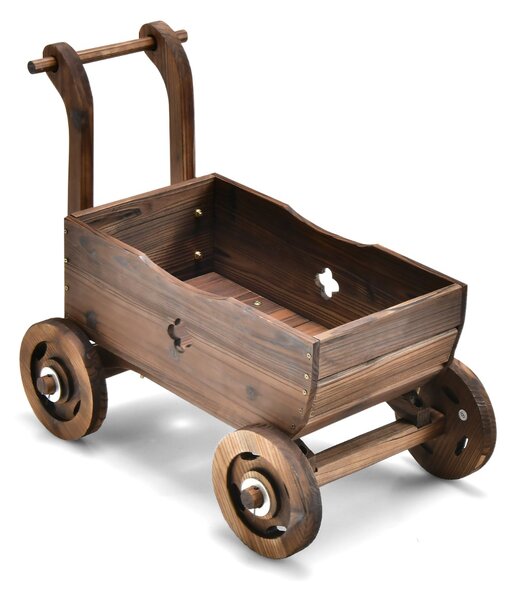 Costway Carrello fioriera in legno con ruote maniglia foro di drenaggio, Fioriera a forma di carretto decorativa Marrone