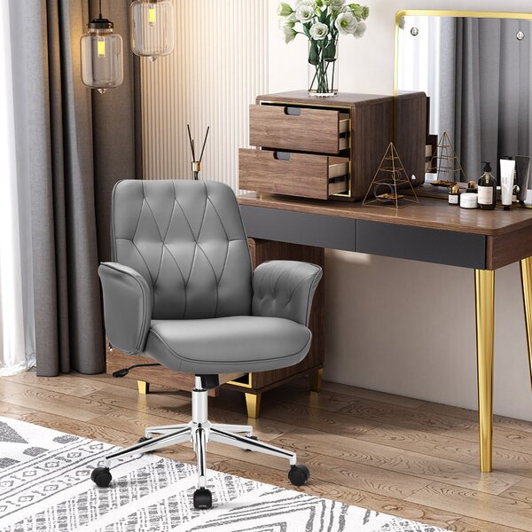 Costway Sedia da ufficio moderna in pelle PU con braccioli imbottiti, Sedia ergonomica per computer esecutivo Grigio