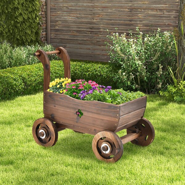 Costway Carrello fioriera in legno con ruote maniglia foro di drenaggio, Fioriera a forma di carretto decorativa Marrone