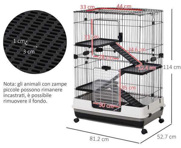 PawHut Gabbia a 3 Piani in Metallo con Vassoio per Roditori, Conigli e Furetti con 4 Ruote, 81.2x52.7x110 cm, Nera|Aosom