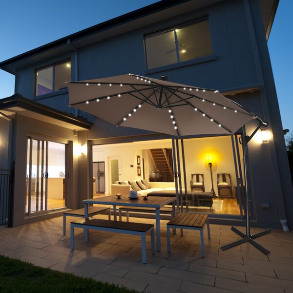 Costway Ombrellone a sbalzo da 3m girevole a 360° con luci LED ad energia solare, Ombrellone da esterno a 8 costole Caffè