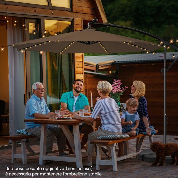 Costway Ombrellone da patio ad energia solare 3m, Ombrellone a sbalzo illuminato con 112 luci LED manovella Caffè