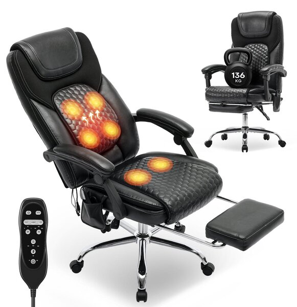 Sedia da ufficio COLAMY, sedia massaggiante ergonomica con 6 punti di massaggio e riscaldamento lombare a 3 livelli, inclinazione regolabile da 94 a 125° con poggiapiedi estraibile, colore nero