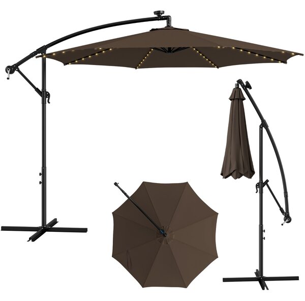 Costway Ombrellone da patio ad energia solare 3m, Ombrellone a sbalzo illuminato con 112 luci LED manovella Caffè