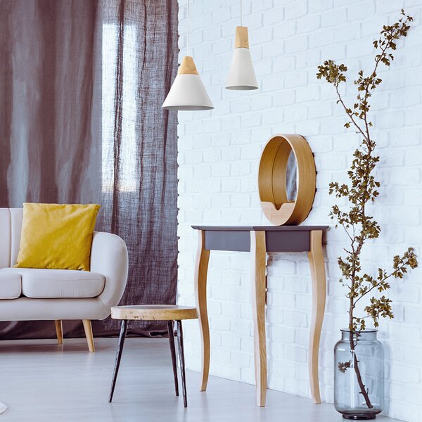 Sospensione Minimal Bicones Metallo Legno Bianco Oro 1 Luce