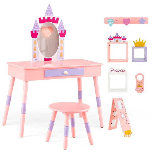 Costway Set da toletta per bambini con specchio cassetto e piano rimovibile, Tavolo da trucco e sgabello in legno Rosa