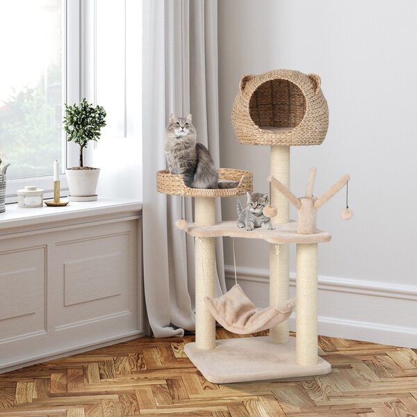 Costway Torre per gatti alta 121cm con casetta in pelo grande letto amaca, Centro di attività per gattini Naturale